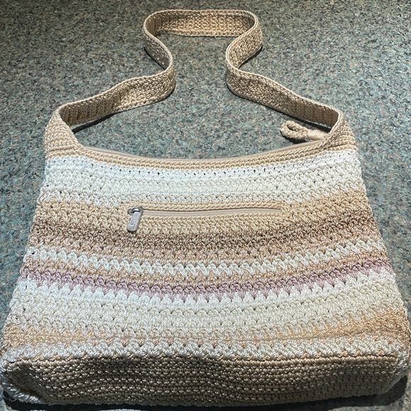 The Sak Crochet earth tone purse zipper closure outside pocket lined inside - Picture 2 of 11